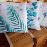 turquoise leafs and flowers 3 pieces cotton canvas pillow cover