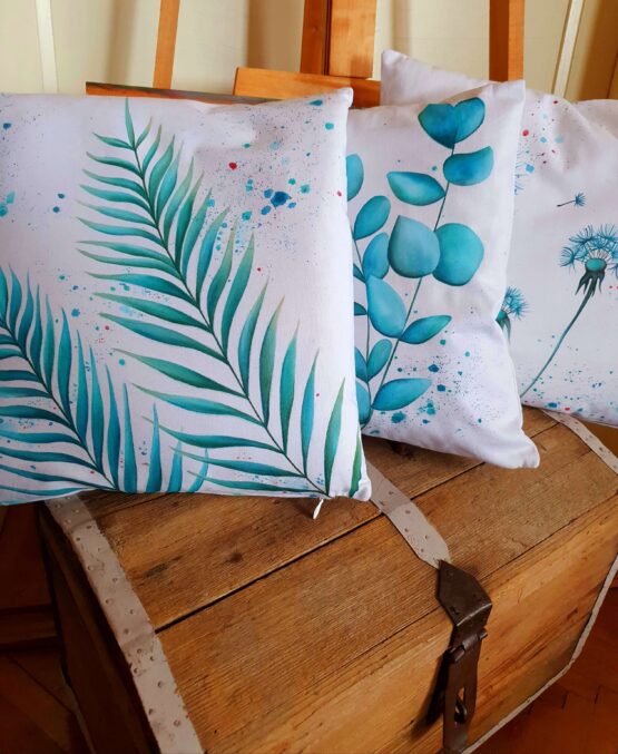 turquoise leafs and flowers 3 pieces cotton canvas pillow cover