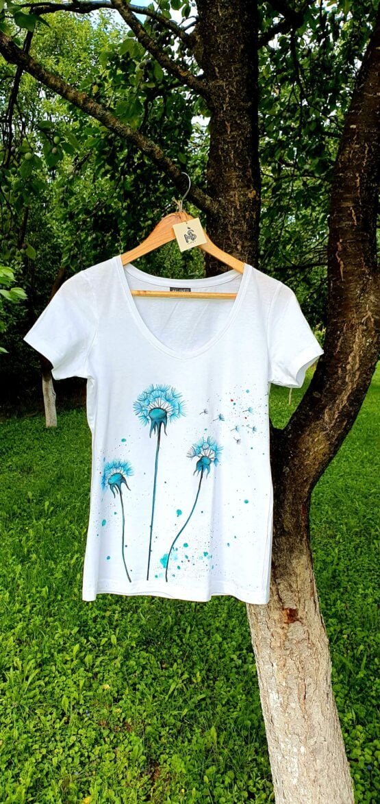 dandelions in the wind hand painted woman t-shirt
